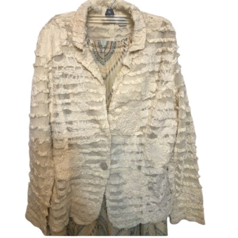 Chico’s size medium Ivory lace
textured button front jacket great neutral